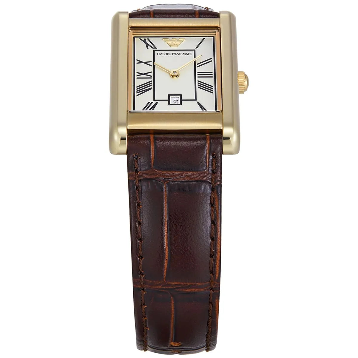 Emporio Armani Gino AR11665 Gold-Tone Rectangular Watch with Brown Leather