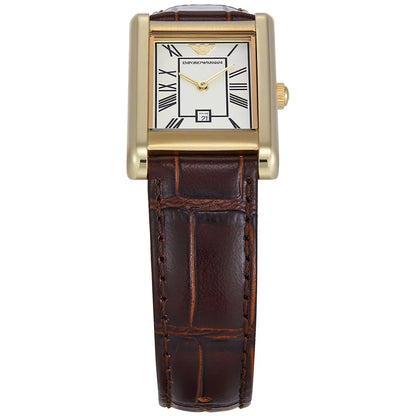 Emporio Armani Gino AR11665 Gold-Tone Rectangular Watch with Brown Leather