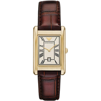 Emporio Armani Gino AR11665 Gold-Tone Rectangular Watch with Brown Leather