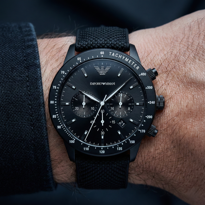 Emporio Armani Mario AR11453 All-Black Chronograph Fabric Watch