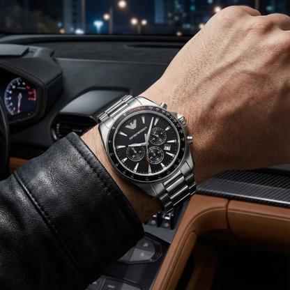 Emporio Armani Sigma AR6098 Silver Steel Black Dial Watch