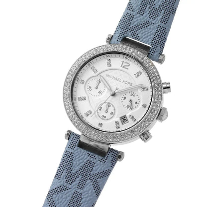 Michael Kors Parker MK6936 Silver Watch with Light Blue Genuine Leather Strap