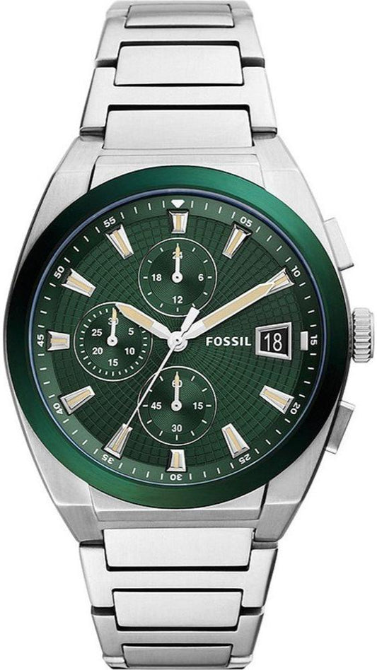 Fossil Everett Chronograph Men’s Watch FS5964 – Green Dial, Silver Stainless Steel Bracelet, 42mm Quartz Analog Multi-Function Watch