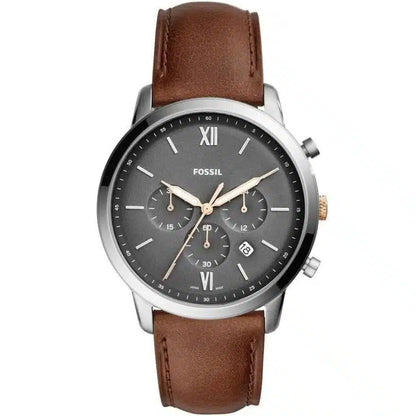 Fossil Neutra FS5408 Men’s Analog Watch – 44mm Grey Dial with Brown Leather Strap