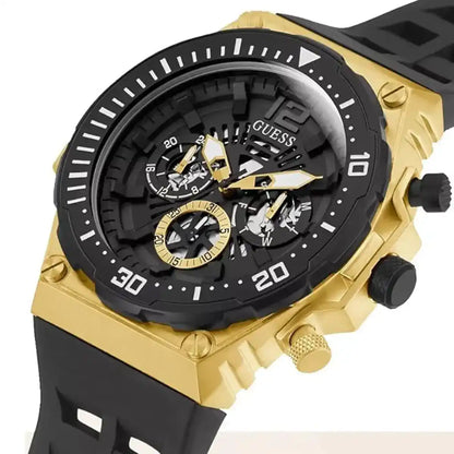 Guess Cut-Thru GW0325G1 Gold Tone Case Black Bezel Black Rubber Strap Watch