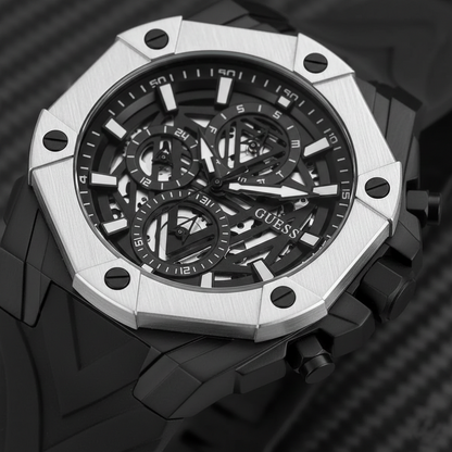 Guess Formula GW0579G1 Black Skeleton Dial White Bezel Rubber Strap Watch