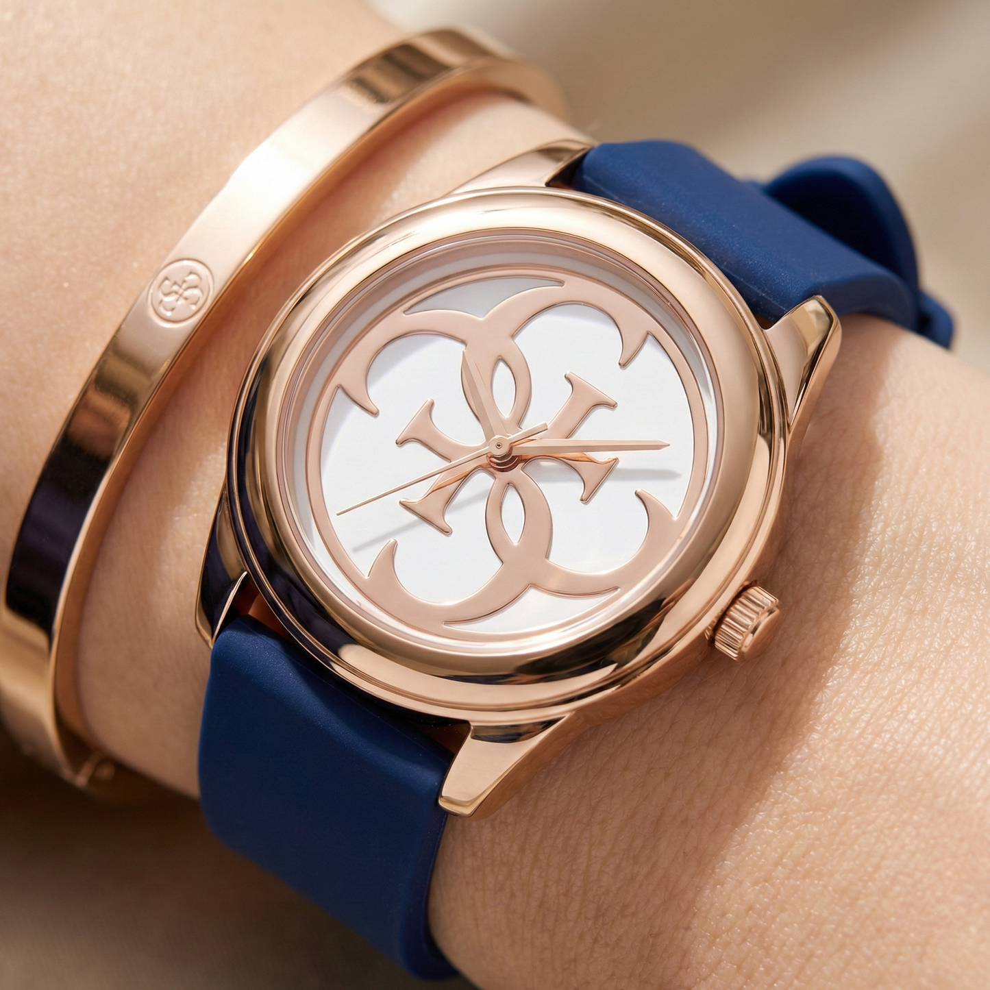 Guess G-Twist W0911L6 Rose Gold Stainless Steel Blue Silicone Ladies Watch