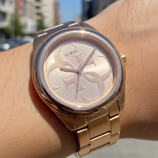 Guess G-Twist W1082L3 Rose Gold Interlocking Logo Dial Watch