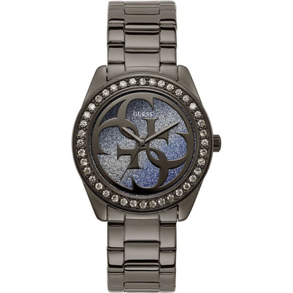 Guess G Twist W1201L4 Gunmetal Stainless Steel Purple Glitter Dial Watch