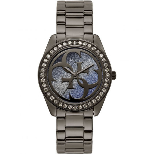 Guess G Twist W1201L4 Gunmetal Stainless Steel Purple Glitter Dial Watch