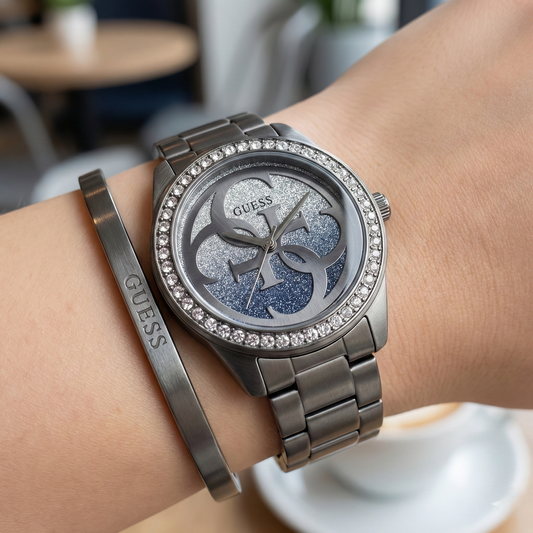 Guess G Twist W1201L4 Gunmetal Stainless Steel Purple Glitter Dial Watch