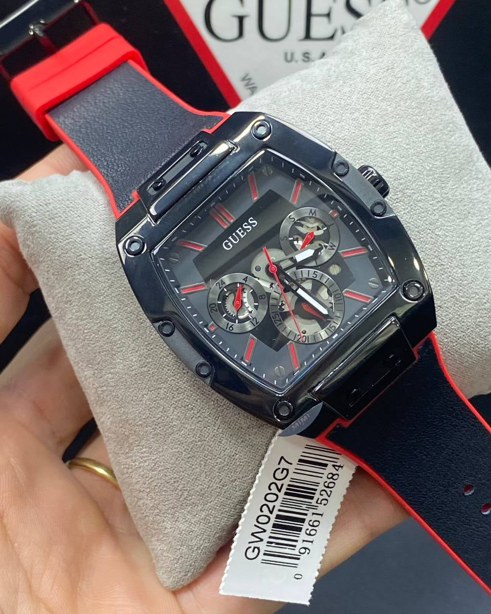 Guess Phoenix GW0202G7 Black Case Red Accents Skeleton Dial Rubber Strap Men's Watch