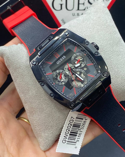Guess Phoenix GW0202G7 Black Case Red Accents Skeleton Dial Rubber Strap Men's Watch