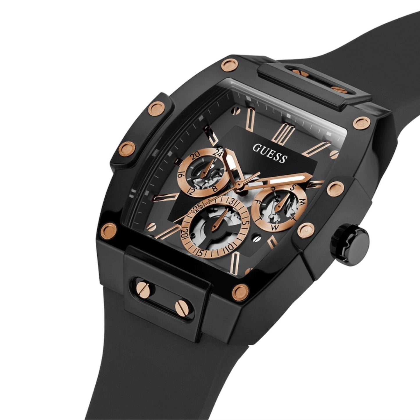 Guess Phoenix GW0203G8 Black Rubber Case Rose Gold Accents Skeleton Dial Watch