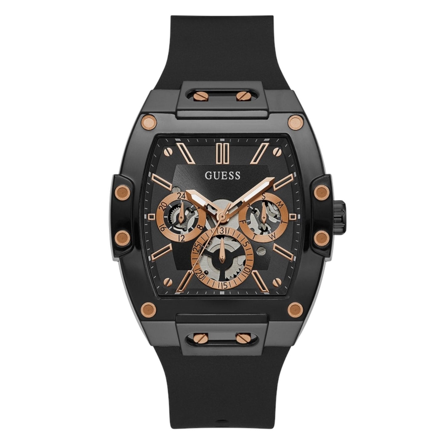 Guess Phoenix GW0203G8 Black Rubber Case Rose Gold Accents Skeleton Dial Watch