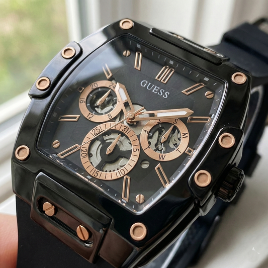 Guess Phoenix GW0203G8 Black Rubber Case Rose Gold Accents Skeleton Dial Watch