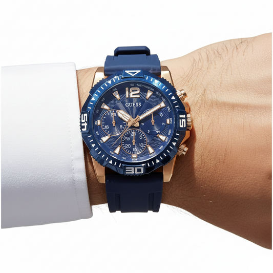 Guess Commander GW0211G4 Rose Gold Case Blue Bezel Rubber Strap Men's Watch