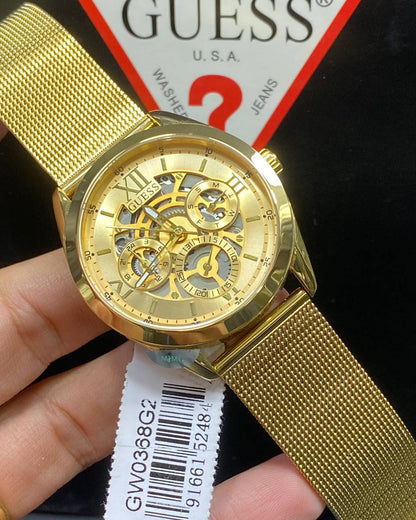 Guess Tailor GW0368G2 Gold Mesh Skeleton Dial Men's Watch