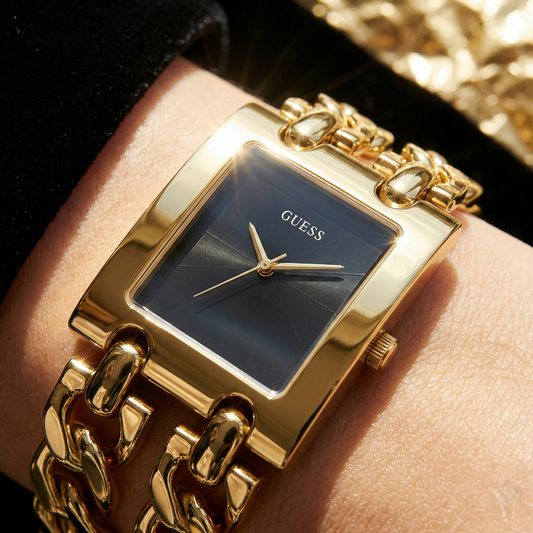 Guess Mod Heavy Metal U1117L5 Gold Tone Chain Bracelet Black Dial Watch