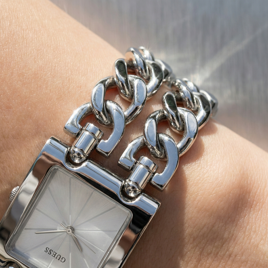 Guess Mod Heavy Metal W1117L1 Silver Tone Chain Bracelet Rectangular Watch