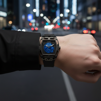 Guess Phoenix Lion Head GW0595G2 Black Case Blue Lion Black Silicone Watch