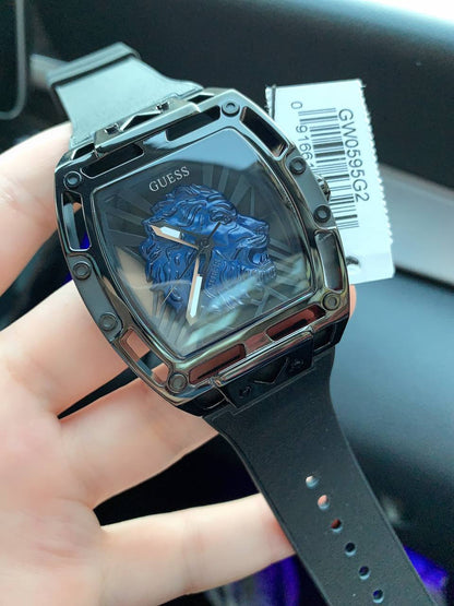 Guess Phoenix Lion Head GW0595G2 Black Case Blue Lion Black Silicone Watch