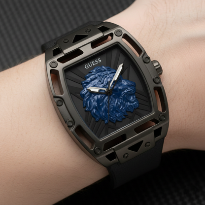 Guess Phoenix Lion Head GW0595G2 Black Case Blue Lion Black Silicone Watch