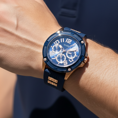 Guess Rig GW0051G3 Rose Gold & Blue Rubber Strap Watch with Metal Inserts