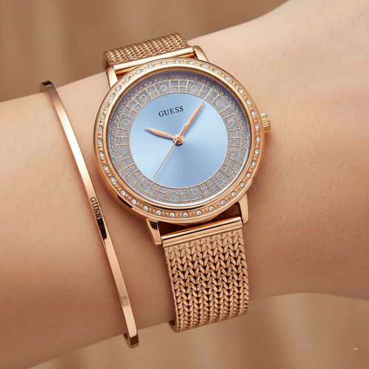 Guess Willow W0836L1 Rose Gold Woven Mesh Glitz Dial Women's Watch