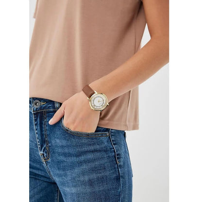 Guess Montauk W0934L3 Gold Case Crystal Bezel Brown Leather Women's Watch