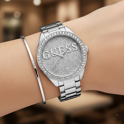 Guess Glitter Girl W0987L1 Silver Case Glitz Logo Dial Steel Women's Watch