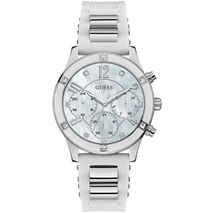 Guess Breeze W1234L1 Silver Case MOP Dial White Silicone & Metal Link Women's Watch