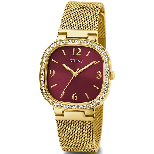 Guess Tapestry GW0354L4 Square Gold Case Crystal Bezel Burgundy Dial Gold Mesh Women's Watch