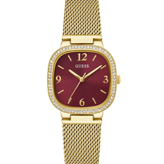 Guess Tapestry GW0354L4 Square Gold Case Crystal Bezel Burgundy Dial Gold Mesh Women's Watch