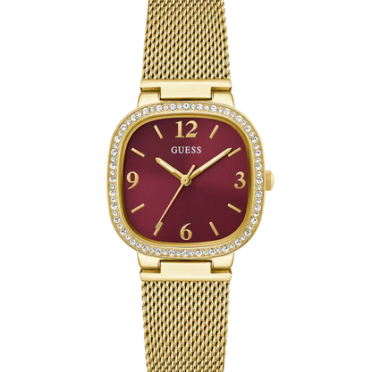 Guess Tapestry GW0354L4 Square Gold Case Crystal Bezel Burgundy Dial Gold Mesh Women's Watch
