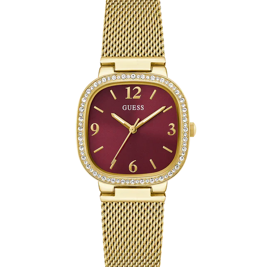 Guess Tapestry GW0354L4 Square Gold Case Crystal Bezel Burgundy Dial Gold Mesh Women's Watch
