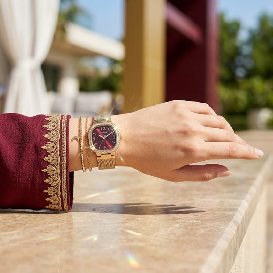 Guess Tapestry GW0354L4 Square Gold Case Crystal Bezel Burgundy Dial Gold Mesh Women's Watch