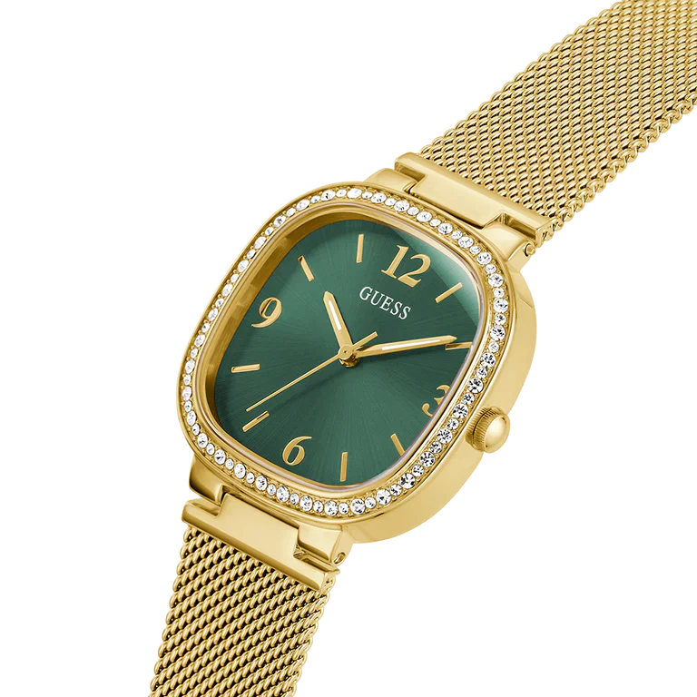 Guess GW0354L5 Square Gold Case Crystal Bezel Green Dial Gold Mesh Women's Watch