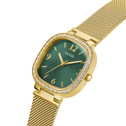 Guess GW0354L5 Square Gold Case Crystal Bezel Green Dial Gold Mesh Women's Watch