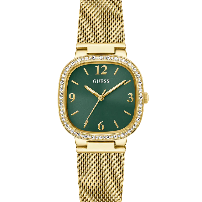 Guess GW0354L5 Square Gold Case Crystal Bezel Green Dial Gold Mesh Women's Watch