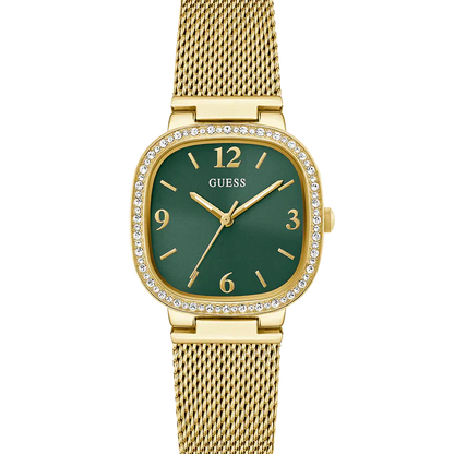 Guess GW0354L5 Square Gold Case Crystal Bezel Green Dial Gold Mesh Women's Watch