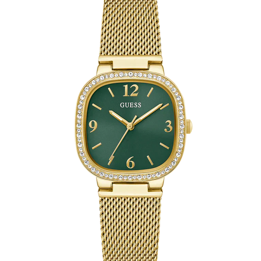 Guess GW0354L5 Square Gold Case Crystal Bezel Green Dial Gold Mesh Women's Watch