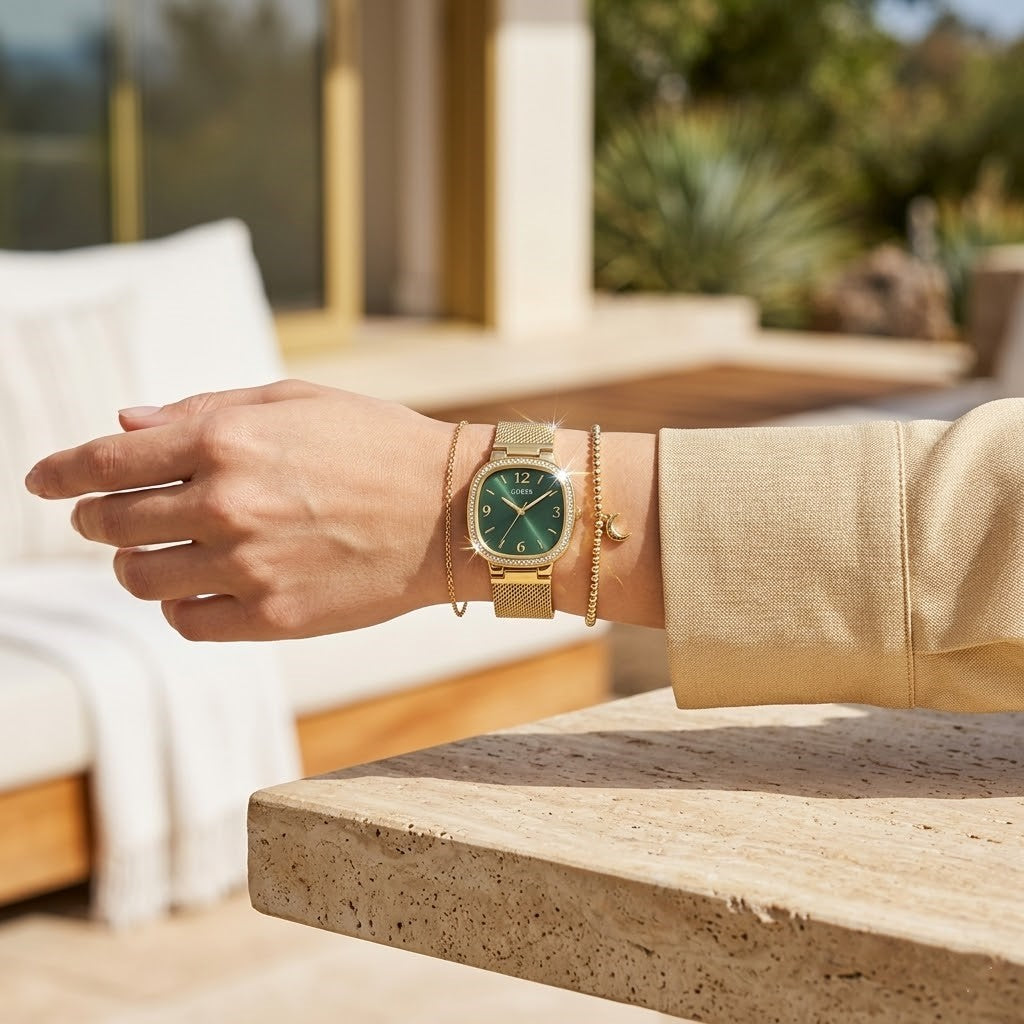 Guess GW0354L5 Square Gold Case Crystal Bezel Green Dial Gold Mesh Women's Watch