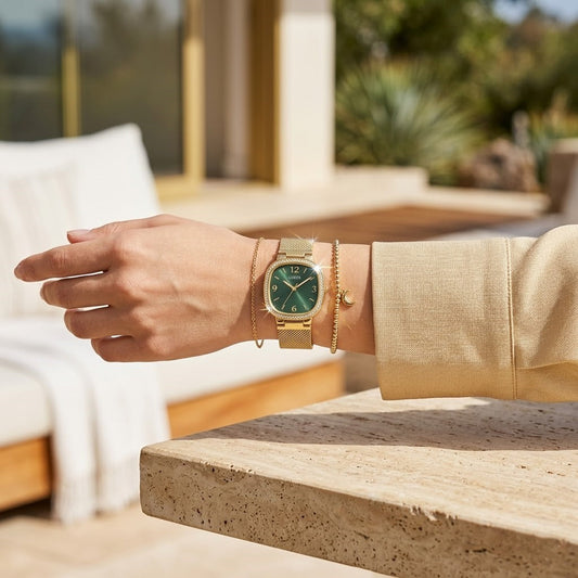 Guess GW0354L5 Square Gold Case Crystal Bezel Green Dial Gold Mesh Women's Watch