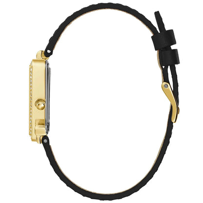 Guess Fame GW0504L5 Gold Triangle Case Crystal Bezel Black Dial Black Leather Women's Watch