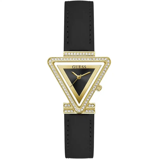 Guess Fame GW0504L5 Gold Triangle Case Crystal Bezel Black Dial Black Leather Women's Watch