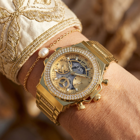 Guess Fusion Multi-Function GW0552L2 Gold Case Crystal Bezel Gold Metal Women's Watch