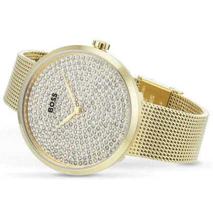 Original Hugo Boss Women's Watch - Gold Mesh & Full Crystal Dial (1502659)