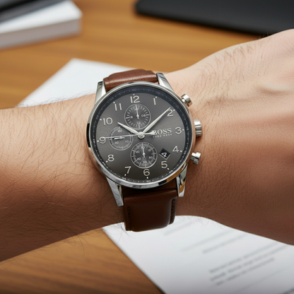 Hugo Boss Navigator 1513494 Men's Grey Dial Watch Brown Leather