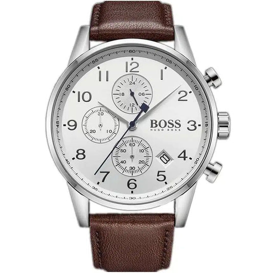 Hugo Boss Navigator 1513495 Men's Silver Steel Watch with White Dial & Brown Leather Strap
